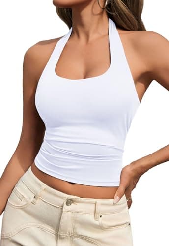 MAOECO Womens Tank Tops Sexy Halter Neck Going Out Tops Summer 2026 Trendy Backless Workout Shirts Sleeveless Y2k Clothes White XL