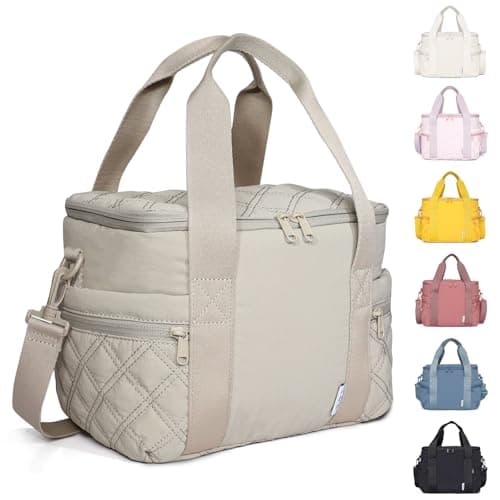 NOL Women's Nylon Lunch Cooler Cute Quilted Lunch Bag Large Leakproof Insulated Lunch Tote Bag for Work Picnic Travel,Khaki