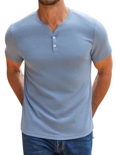 RQP Men's Henley Shirts Short Sleeve Waffle Stretch T Shirts Summer Casual Stylish Tops, Blue S