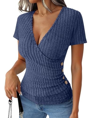ANRABESS Women Short Sleeve V Neck Shirts,Dark Blue,S