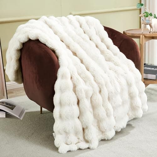 JONIYEAR Soft Fuzzy Bubble Faux Rabbit Fur Throw Blanket for Couch Chair 50" x 60", Reversible Textured Thick Warm Fluffy Blanket for Winter, Luxury Cozy Puffy Shaggy Comfy Furry Blankets, Cream White