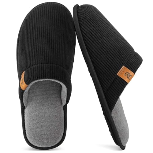 VeraCosy Men's Corduroy Scuff Slippers Soft Comfy Memory Foam Non-slip Indoor House Shoes Carbon Black, 11-12 US
