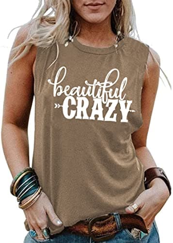 MAIHUN Beautiful Crazy Tank Tops Women Country Music Shirt Summer Sleeveless Tee Brown