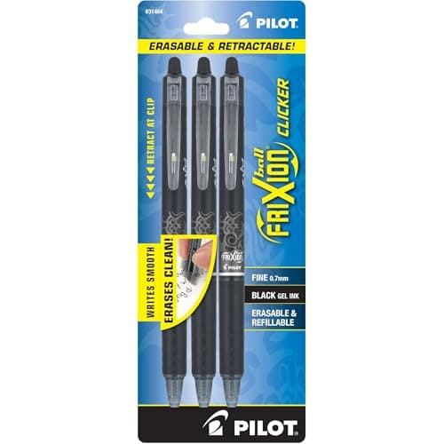 PILOT FriXion Clicker Erasable Pens, Refillable & Retractable Gel Ink Pens, Fine Point 0.7 mm, Black Ink, 3-Pack - Ideal for School, Journaling, & Office Writing