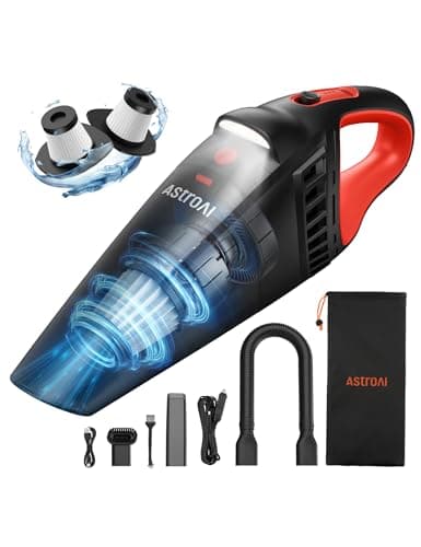 AstroAI V2 Mini Portable Cordless Handheld Car Vacuum Cleaner, 6000mAh & 12V DC, LED Light, Brush, Extended Nozzle, Hose, Portable Handheld Vacuum for Car, Home, Office & Pet Cleaning, Red