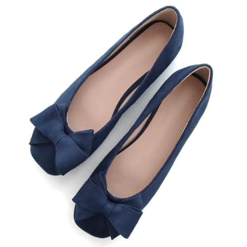 Stunner Women's Wide Bow Square Toe Bowknot Ballet Flats Blue 38(7)