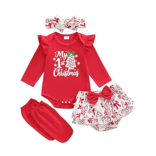 Bagilaanoe Newborn Baby Girl Christmas Clothes My 1st Christmas Long Sleeve Romper Tutu Skirt Leg Warmers Headband Set (Red, 3-6 Months)