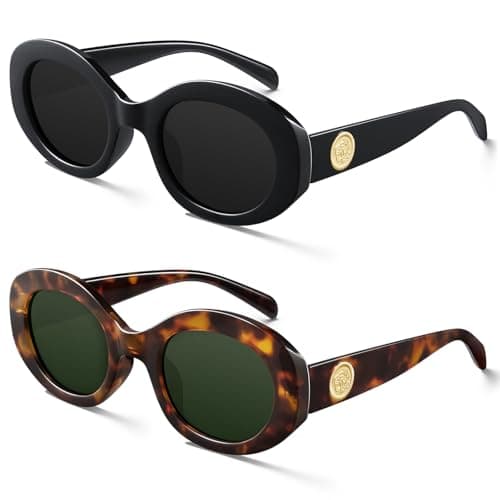 KUGUAOK Retro Oval Sunglasses for Women 90s Round Y2k Trendy Sun Glasses Chunky Thick Frame UV Protection Shades