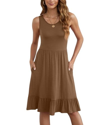 LILBETTER Womens Casual Round Neck Sleeveless Summer Knee Length Dresses Trendy Pleated Sundresses with Pockets(Brown, Small)