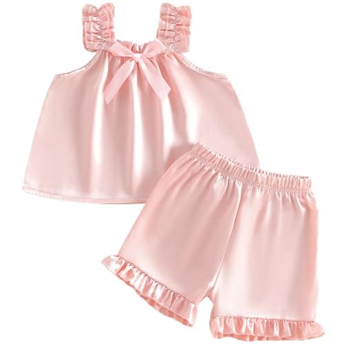 Mubineo Toddler Girl Summer Pajamas Sets Sleeveless Satin Silky Cute Ruffle Camisole Girls Comfy Tank Top Pjs Sleepwear (Peach Pink, 5-6 Years)