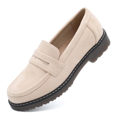 ANVANVZAI Women's Chunky Loafers, Platform Comfortable Slip-On Dressy Fashion Driving Moccasins Women Nude Size 9.5
