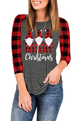 INFITTY Christmas 3/4 Sleeve Shirts for Women Graphic Raglan Pliad Sleeve Baseball T Shirt Fit Tunic Tops Blouse Santa Claus Size Large