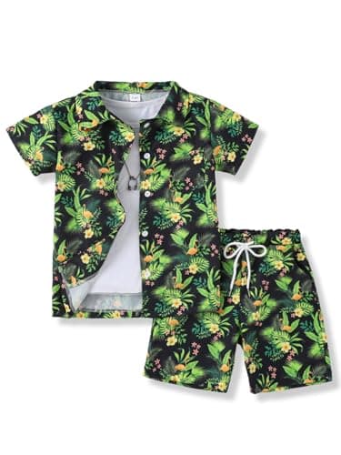 Voxikidio Boys Hawaiian Shirts 2 Piece Boys Summer Clothes 11-12 Year Old Holiday Beach Button-Down Top and Short Set Light Green 11-12 Years