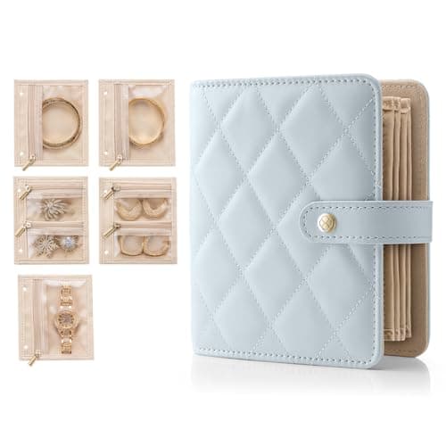VLANDO Small Jewelry Book Organizer - Leather Travel Jewelry Case with 5 Detachable Pages for Necklaces, Rings, Earrings, Tangle-Free, Giftable, Baby Blue