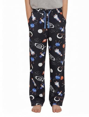 PATPAT Kids Plaid Pajama Pants - Boys and Girls Long Sleep Soft Elastic Waist Lounge Bottoms with Pockets,Grey Space Wonder,Size 11-12 Years