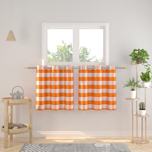 NATUS WEAVER Tier Curtains 24 inches Long Buffalo Check Gingham Plaid Kitchen Window Curtain Panels Small Short Bathroom Grommet Top Window Treatment 2 Panels Orange and White