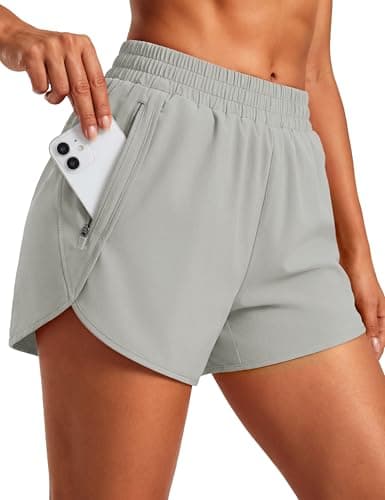 MAGCOMSEN Women's 3" Athletic Running Shorts with Liner High Waisted Quick Dry Workout Gym Shorts with Zipper Pockets Light Grey M