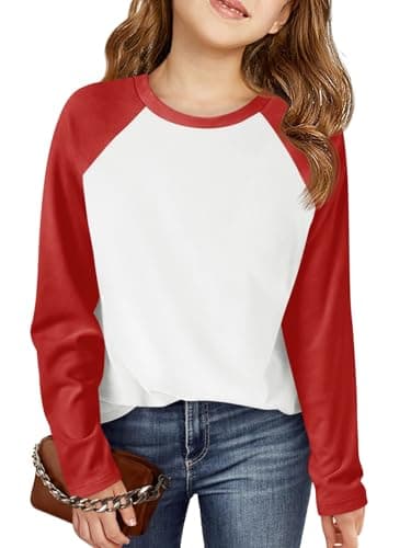 Haloumoning Kids Girls T Shirts Casual Raglan Long Sleeve Tee Crewneck Color Block Cute Fall Blouses Tops 5-14 Years Red