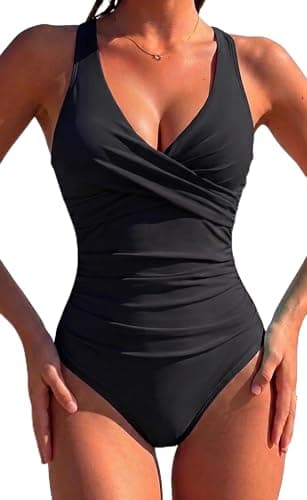 Hilor Black Underwire One Piece Swimsuits for Women Retro Slimming Push Up Bathing Suits Ruched Tummy Control Swimwear 6