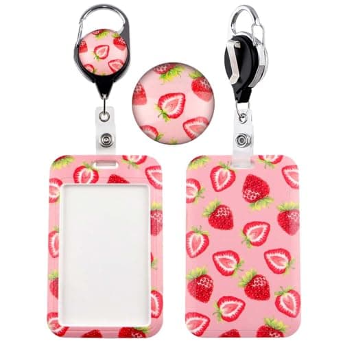 ID Badge Holder Retractable Clip Work Badge Reel Clip for ID Badges Keycard for Nurse Teacher Student Office Womens Id Card Key Holder Retractable Keychain, Strawberry