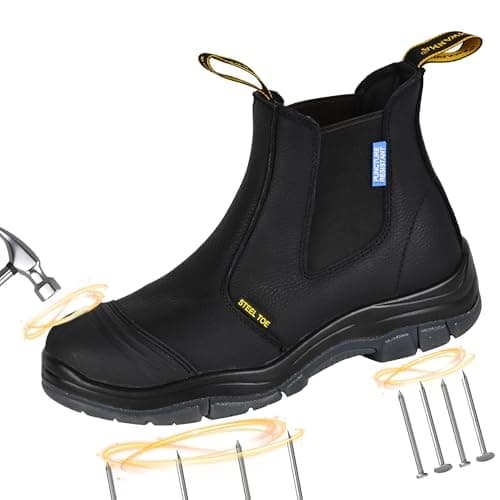 BOIWANMA Work boots for men, Steel Toe, Puncture-resistant, Pull on Chelsea Leather Safety Boots, US Size 11.5W