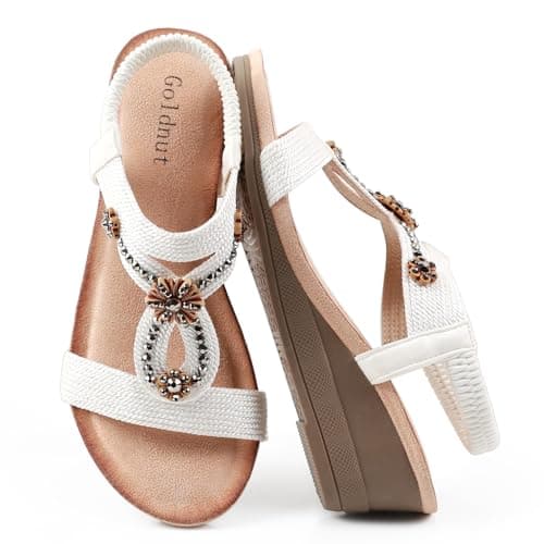 Goldnut Comfortable White Wedge Sandals For Women Dressy Elastic Strap 9.5
