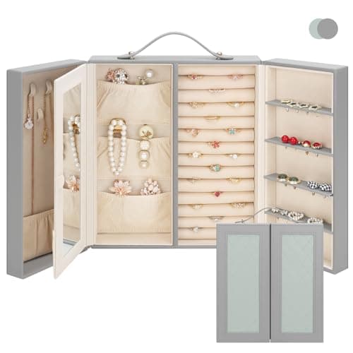DesignSter Jewelry Box for Women, Jewelry Storage with Mirror, Travel Jewelry Organizer with Handle for Stud Earrings, Rings, Necklaces, Bracelets(Gray & Tea Green)