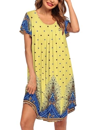 Ekouaer Womens Nightgown Soft Sleepwear Pleated House Dress Short Sleeve Mumu Lounge Dress,Floral Yellow,Small