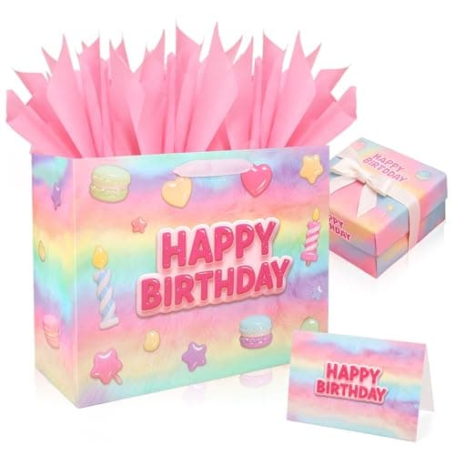 Vodolo 13” Happy Birthday Gift Bags with Tissue Paper Wrapping Paper and Card,Pink Gift Wrap Bags with handles for Women,Girls and Kid,Medium Reusable Happy Birthday Bag for Party