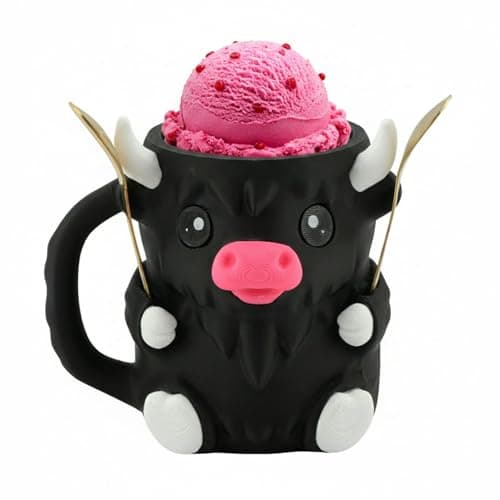 Highland Cow Ice Cream Pint Holder with 2 Removable Spoons, 3D Printed Fuzzy Coozie for 16oz Pints, Insulated Beer Can Sleeve, Novelty Gift for Ice Cream Lovers(Black)