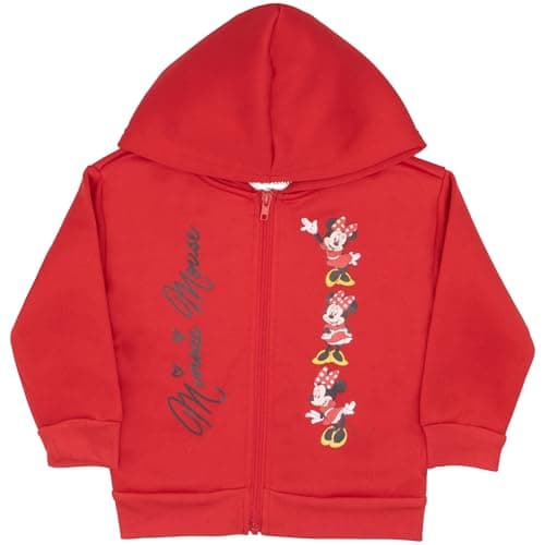 Disney Minnie Mouse Girl's Zip-Up Hoodie - Minnie Autograph Long Sleeve Hooded Sweatshirt for Kids and Toddlers (Red, Size 5)