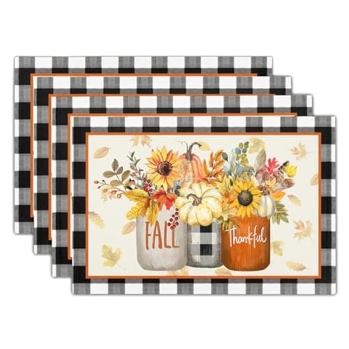 Fall Placemats Set of 4 18x12 Inch Autumn Flower Leaf Linen Place Mats Heat-Resistant Washable Wipeable Buffalo Check Plaid Table Mat for Party Kitchen Dining Room Dinner Decor