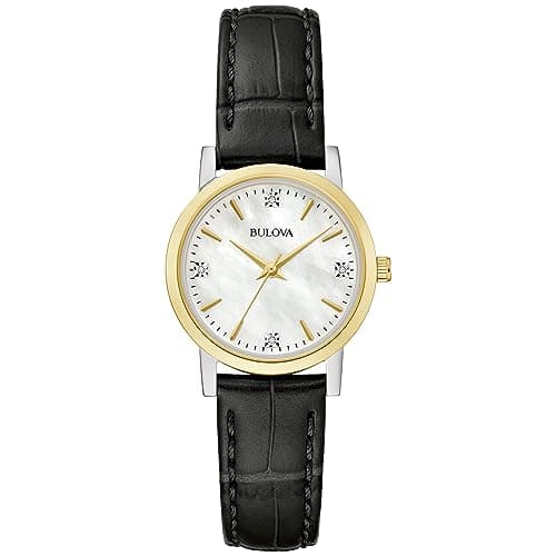 Bulova Ladies' Classic Diamond Two-Tone Stainless Steel Case 3-Hand Quartz Watch, Black Leather Strap, 27mm Style: 98P225