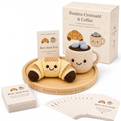 Vayrlyn Best Aunt Ever Crochet Croissant & Coffee Set, Cute Desk Decor with 30 Encouragement Cards, Birthday Gift from Niece Nephew for Coffee Lover