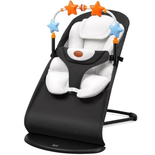HKAI Baby Bouncer Seat Set with Toy Bar & Seat Pad, Portable Infant Rocker Chair for Babies 0-12 Months, 3-Position Adjustable Backrest, Rocking & Stationary Modes
