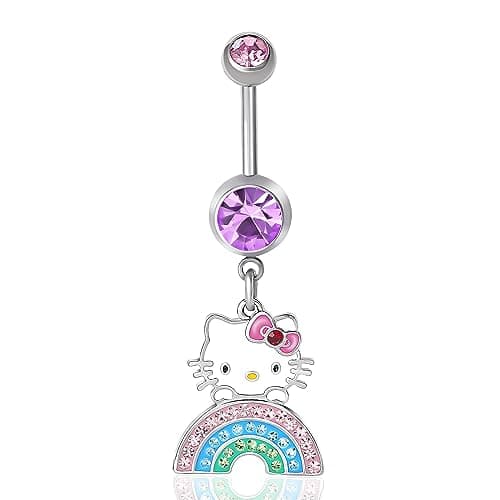 Sanrio Hello Kitty Womens 14G Belly Button Ring - Rainbow Crystal and Stainless Steel Hello Kitty Belly Ring - Officially Licensed,Hello Kitty Rainbow