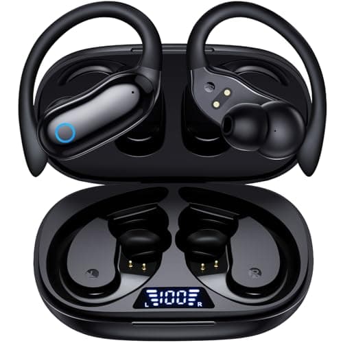 GNMN Active Noise Cancelling Ear Buds Wireless Earbuds 96hrs Playback Bluetooth Headphones Dual Battery Display Stereo Bass Earphones with Earhooks Microphone IPX7 Waterproof Headset for Sports/Gym