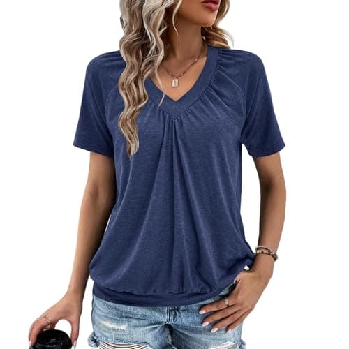 Gihgoew Summer Tops for Women 2024 Shorts Sleeve Womens Tops,V Neck Soft Casual Loose Fit Ruched Top T Shirts Tee Clothes (US, Alpha, Large, Regular, Regular, Navy Blue)