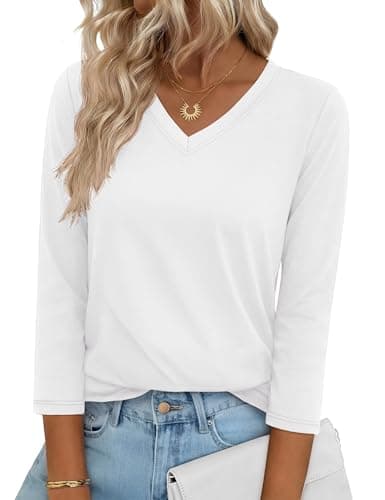 YUCOLEN 3/4 Length Sleeve Womens Tops V Neck T Shirts Dressy Casual Blouses for Women Summer Clothes Cotton Basic Tees White X-Large