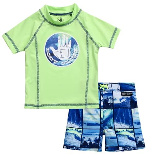 Body Glove Baby Toddler Boys Swim Set - 2 Piece UPF 50+ Quick Dry Swim Trunks and Rash Guard for Boys Kids Swimwear (2T-4T), Size 3T, Lime Blue Beach