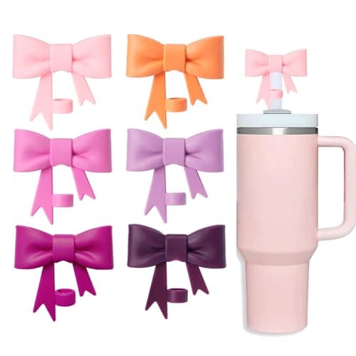 HIUSITY Pink Bow Straw Cover Topper for Stanley Cup,Silicone Rose Straw Toppers for Tumbler with Handle 40oz,Cute 10mm/0.4in Straws Covers Cap,Reusable Lids for Stanley Cups Accessories, 6Pcs