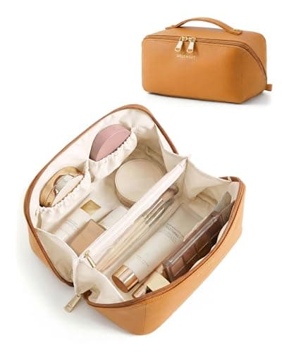 BAGSMART Makeup Bag Travel Cosmetic Bag, Large Make Up Bag Flat Open Toiletry Bag for Women, PU Leather Travel Essentials Organizer Case, Wide-open Pouch Purse for Skincare, Brushes, Ginger Yellow