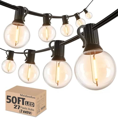 Meidaoduo Outdoor String Lights 50FT G40 LED Globe Bulbs - Shatterproof, Connectable, Waterproof - 27 Bulbs (2 Extra), 25 E12 Hanging Lights for Patio, Bistro, Pergola, Gazebo
