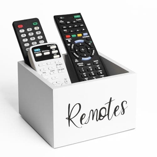 LBEMEY Wood Remote Control Holder, TV Remote Control Organizer for Home Bedroom Table, Multi-Purpose Desktop Storage (White, M,for 3+ Remote Controls)
