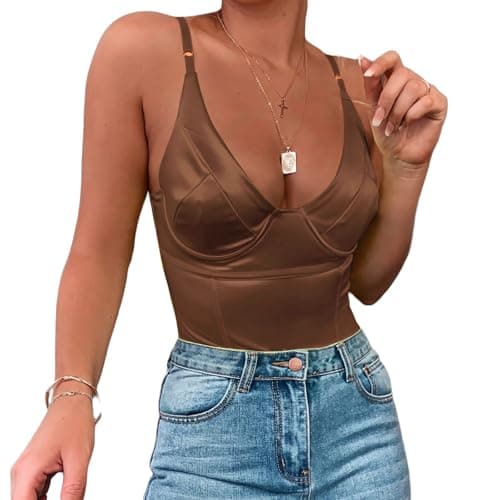 Velius Women's Sexy Deep V Neck Shiny Thong Bodysuit Tank Tops with Underwire (Brown,Small)