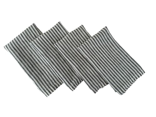 Linen Napkins – Stonewashed Pure Linen Stripe Cloth Dinner Napkins – Created from French Flax - Mitered Corners – Set of 4 (Charcoal Stripe)