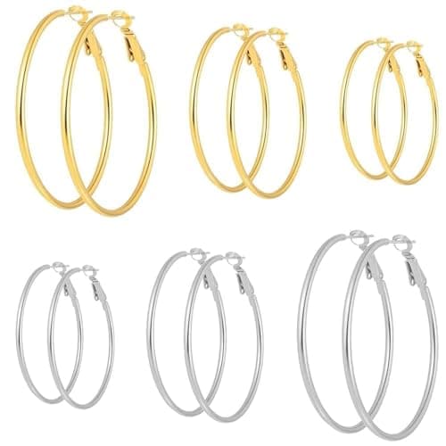 ToHeart 6 Pairs Hoop Earrings for Women 14K Gold Plated Earrings Set Stainless Steel Hoops Hypoallergenic Large Small Hoops Women Earrings