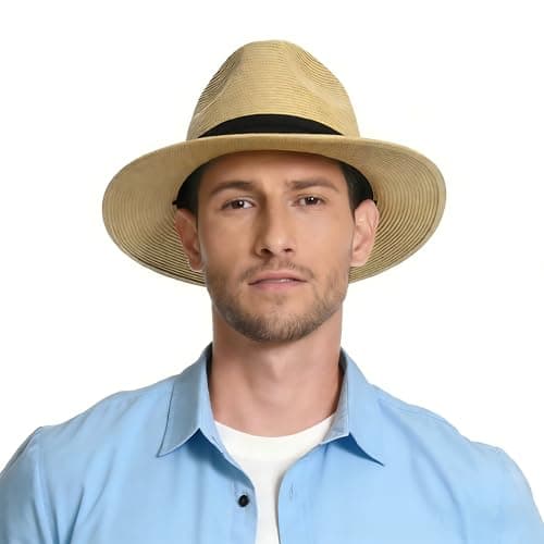 Panama Hat Sun Hats for Men Women Wide Brim Fedora Straw Beach Hat UV UPF 80+