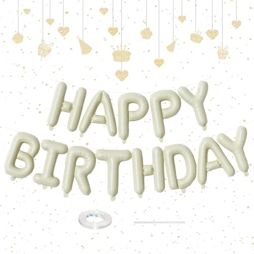16 Inch Beige Happy Birthday Balloon Banner, Cream White Foil Happy Birthday Balloons Sign for Boys Girls Men Women Birthday Party Decorations Supplies