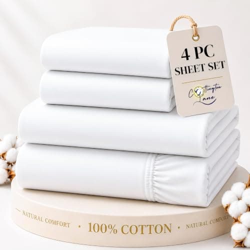 Cottington Lane Queen Sheet Set, 4 Piece 100% Cotton, 16" Deep, White